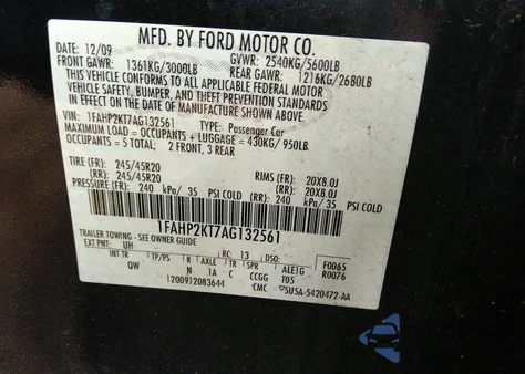 2010 Ford Taurus Sho из США, поврежденный, VIN 1FAHP2KT7AG132561